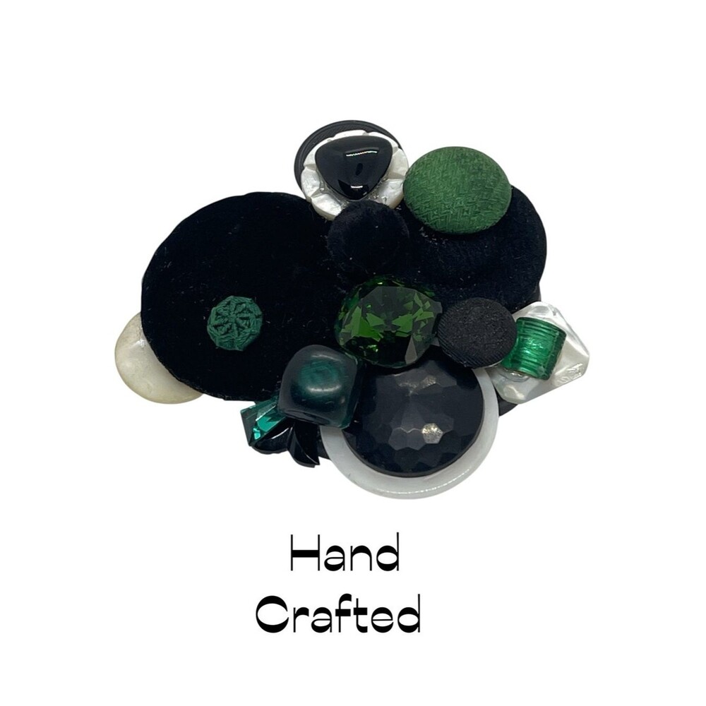 Hand Crafted Antique Black Green Glass Resin Fabric Buttons Brooch NWT